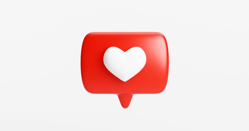 Heart shape social media notification icon in speech bubbles background 3D rendering
